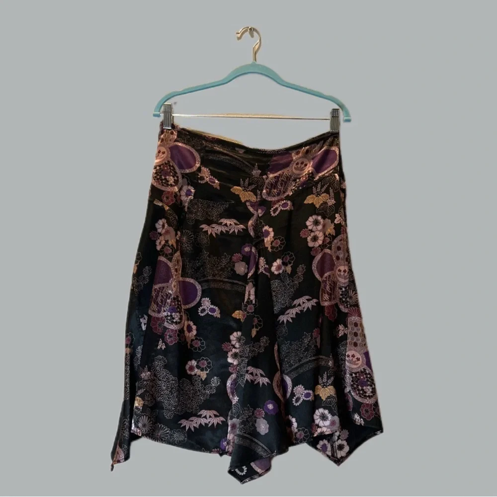 Mixit Black Purple Floral Asymmetrical Midi Skirt Satin Hanky Hem Size 4